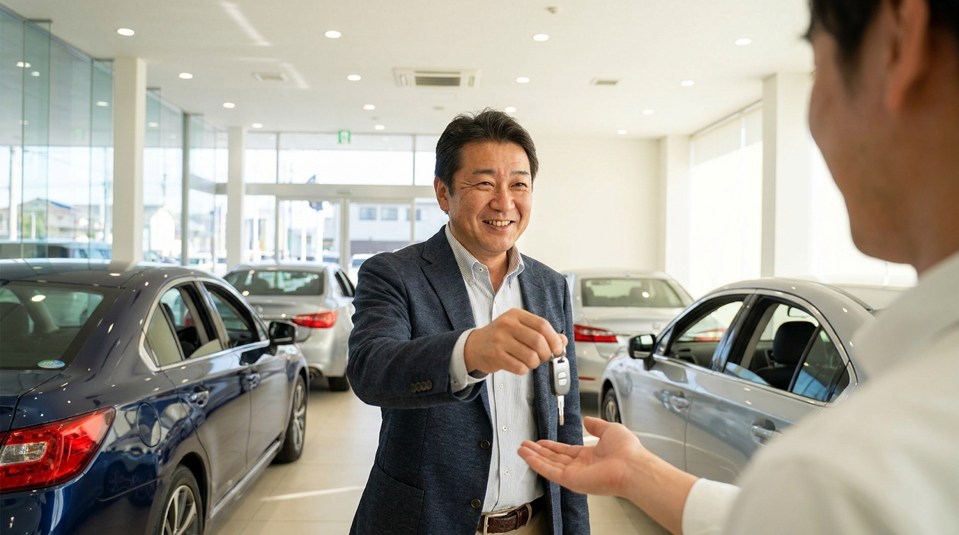 ディーラーで車のキーを受け渡すシーン